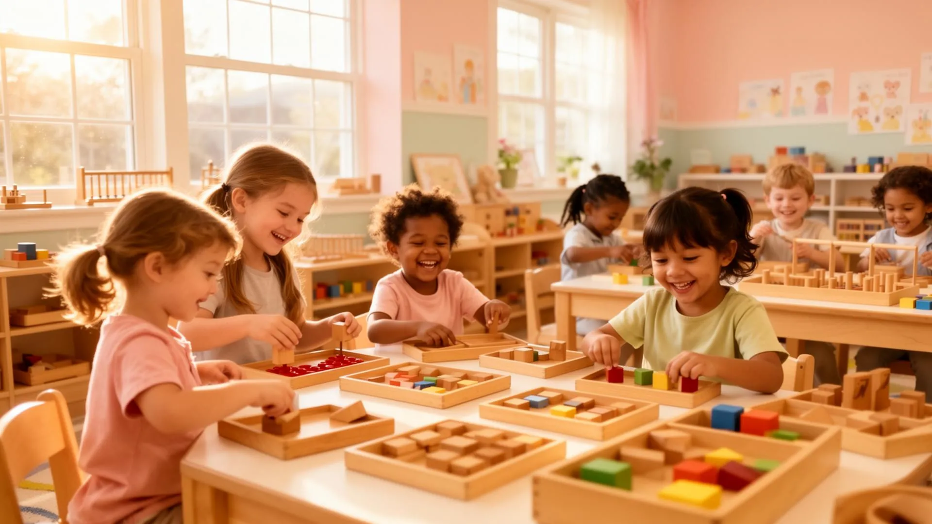 Children engaged with Montessori materials in a bright classroom
