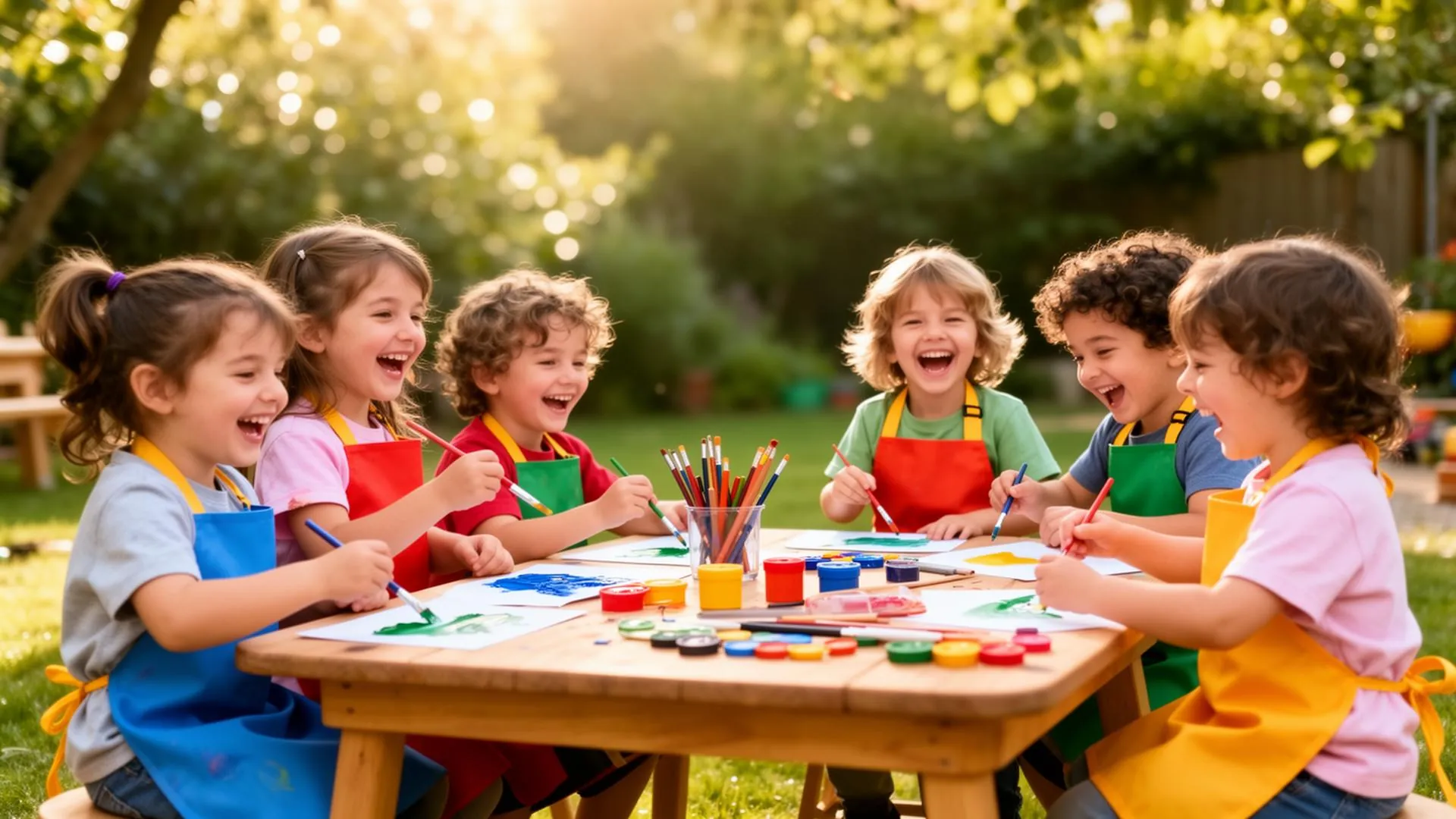 Children painting and doing crafts outdoors in the garden